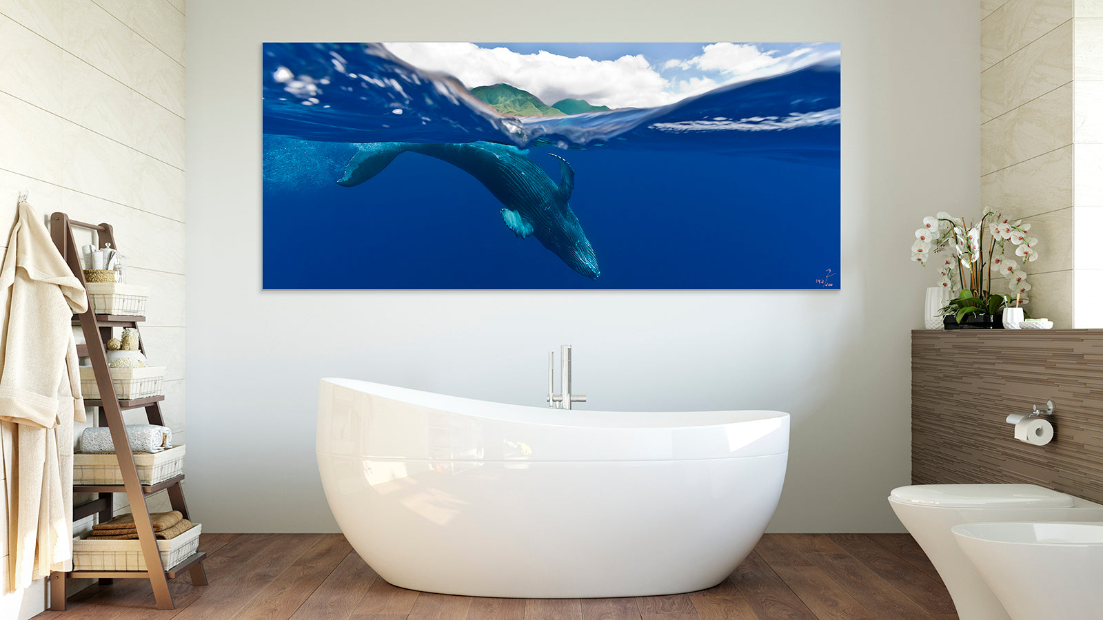 Maui keiki is fine art print of a baby whale dipping under the wave with the west maui mountains in the background. Cesere Brothers. Keiki Kohola Project. Art in home. Maui, Hawaii. bathroom
