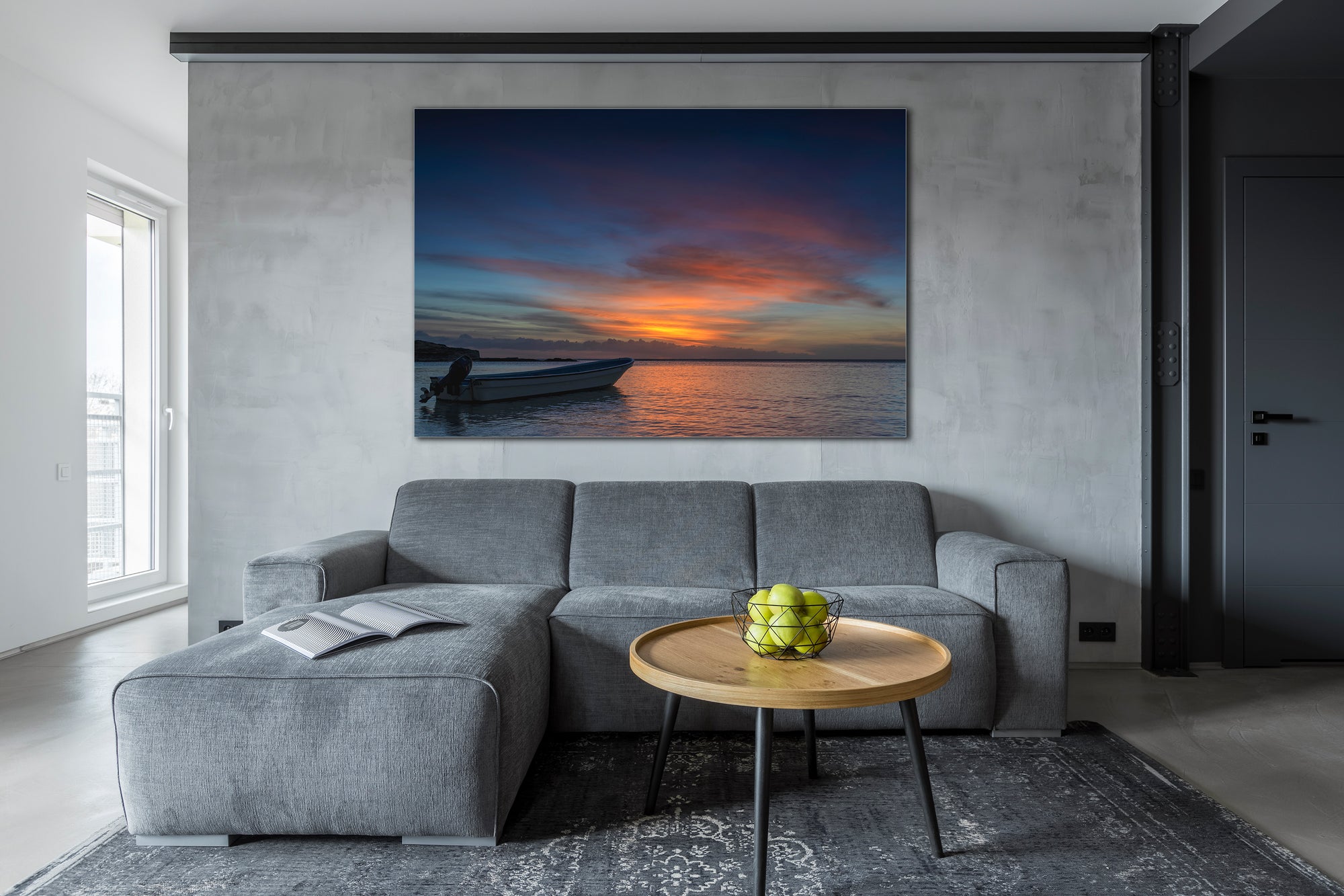 A modern livingroom scene with a large version of "Escape" on the wall above the couch.